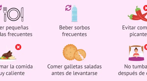 Consejos para aliviar los mareos del embarazo en el primer trimestre: comer poco y a menudo, beber agua, evitar picantes y comidas muy calientes.