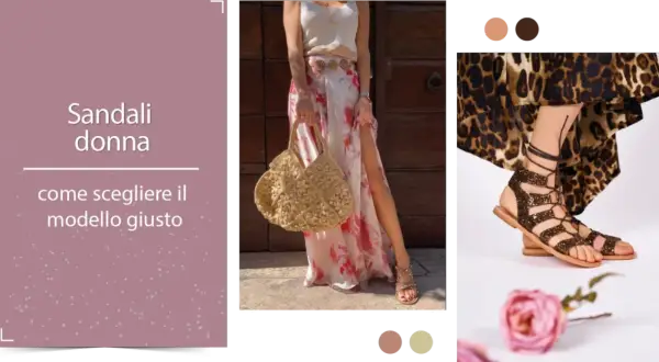 Sandali donna: come scegliere il modello giusto. Un look estivo con sandali multicolor bassi, borsa di paglia e abito floreale.