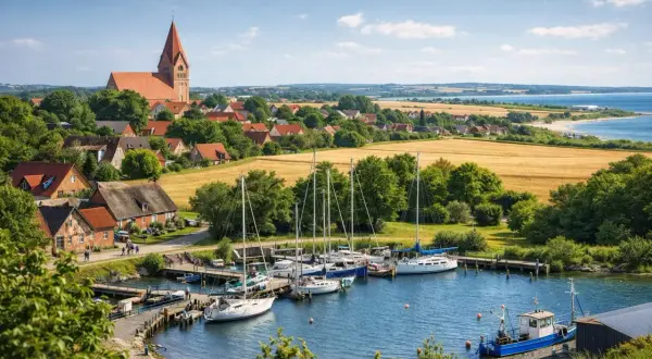 Idyllischer Hafen mit Segelbooten und Kirche. Entdecken Sie Fehmarn Geheimtipps in diesem malerischen Ort.