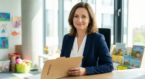Kobieta w granatowej marynarce trzyma teczkę z napisem "PROCEDURY". W tle przedszkolne rysunki i książki. To przykładowy opis oceny pracy nauczyciela przedszkola.