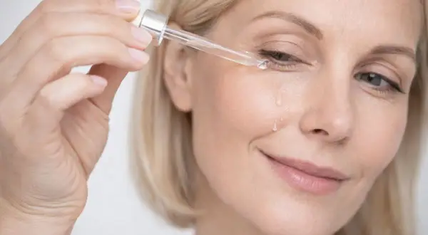 Kobieta aplikuje serum pod oczy. Czy niacynamid skutki uboczne mogą pojawić się przy takiej pielęgnacji?