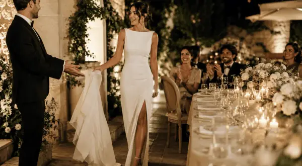 Eleganza senza tempo: il colore dell'abito bianco per celebrare 25 anni di matrimonio, con ospiti festanti e tavola imbandita.