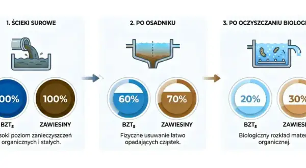Ilustracja przedstawia etapy oczyszczania ścieków: surowe, po osadniku i po oczyszczaniu biologicznym, z wizualizacją redukcji zanieczyszczeń.