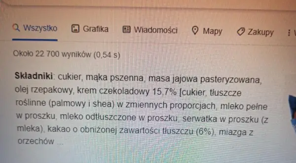 Szukasz informacji, ile kcal ma babeczka Wedel? Na ekranie widać składniki tej słodkości: cukier, mąka, krem czekoladowy.