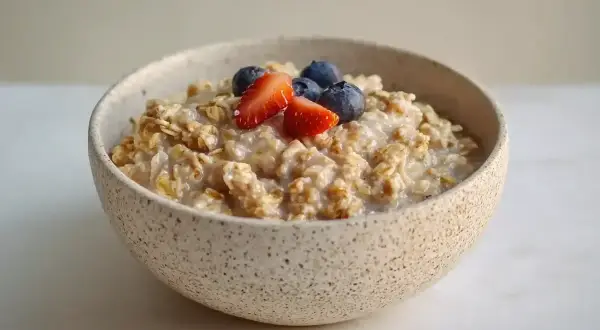 En skål med overnight oats recept, toppad med färska jordgubbar och blåbär. En perfekt start på dagen!