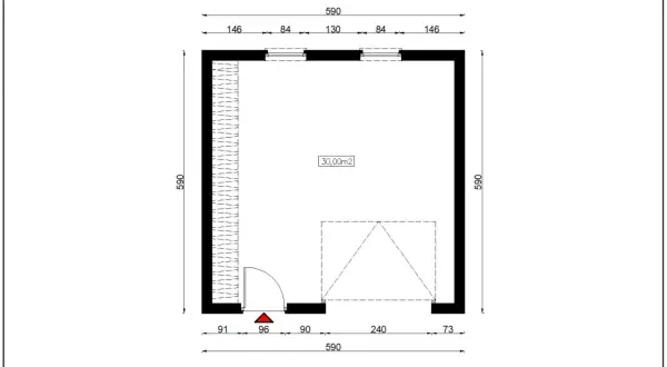Projekt garażu na zgłoszenie, wymiary 590x590 cm, powierzchnia 30m2. Widok z góry z wymiarowaniem.