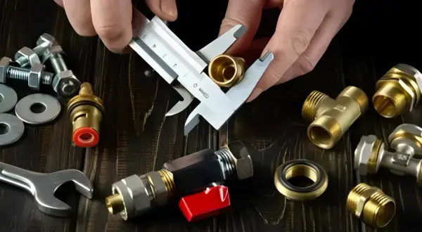 Mains de plombier mesurant un bouchon raccord hydraulique en laiton. Outils et raccords divers sur fond de bois sombre.