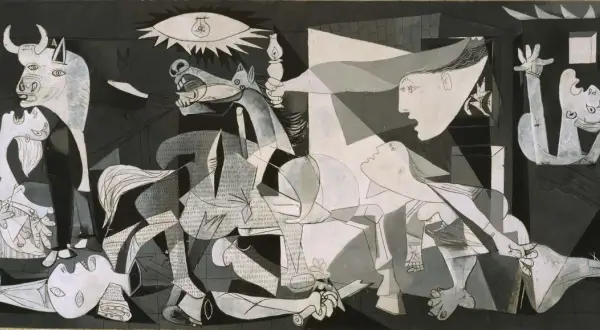 Guernica Picassa w Muzeum Narodowym Centrum Sztuki Królowej Zofii. Dramatyczna scena z bykiem, koniem i cierpiącymi ludźmi.