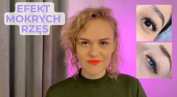 Kobieta z burzą blond loków prezentuje efekt mokrych rzęs. Dwa zbliżenia na oczy pokazują perfekcyjnie wykonane, gęste i długie rzęsy.