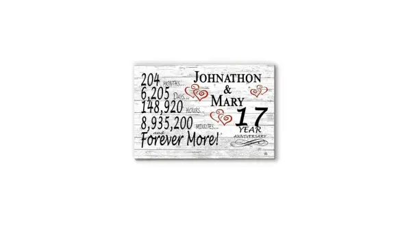 Tablica z napisem "17 Year Anniversary" dla Johna i Mary, z liczbą miesięcy, dni, godzin i minut.