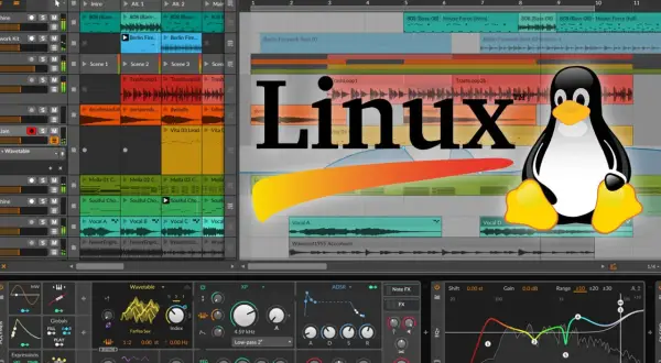Linux-DAW-Software mit Tux, dem Pinguin, auf einer bunten Musikproduktions-Oberfläche.