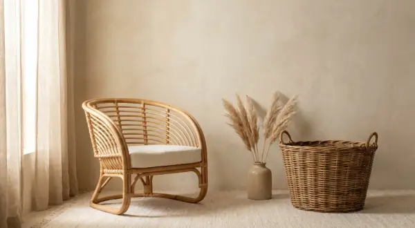 Un fauteuil en rotin naturel, un panier tressé et des herbes de pampa dans un vase. L'idée de peindre du rotin pour un look différent.