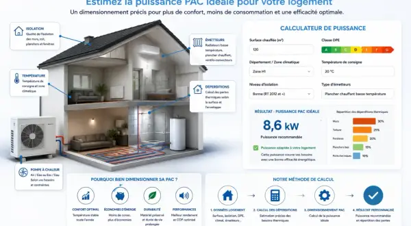 Un schéma illustre le dimensionnement d'une pompe à chaleur pour un logement, prenant en compte isolation, température et déperditions.