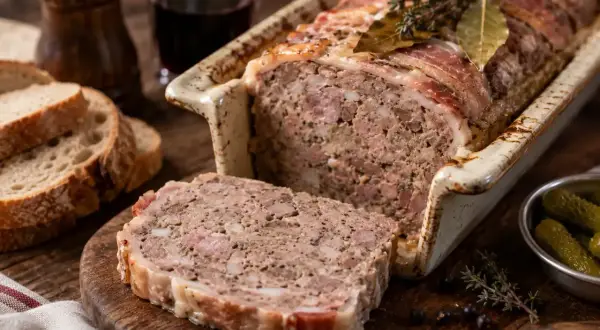 Terrine de sanglier en croûte de lard, servie avec du pain et des cornichons.