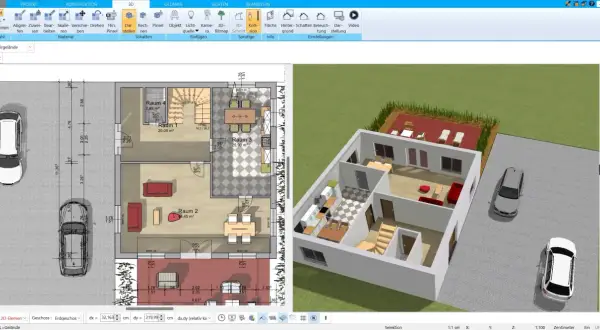 Software zur Wohnungseinrichtung planen: 2D-Grundriss und 3D-Ansicht eines Hauses mit Autos.