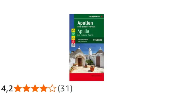 Karta över Apulien, Italien, med fokus på Bari, Brindisi och Taranto. Bilden visar typiska trulli-hus.