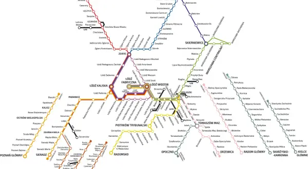 Rozkład jazdy ekspres bus Głowno-Łódź. Mapa linii kolejowych i autobusowych z zaznaczonymi stacjami.