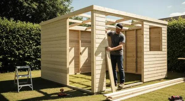 Uomo che costruisce un porta attrezzi da giardino fai da te in legno. Strumenti e assi di legno sul prato.