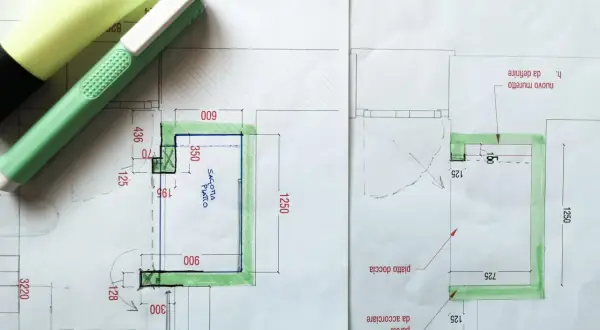 Disegno tecnico con evidenziature verdi e pennarelli, forse per una variazione catastale dopo 20 anni.