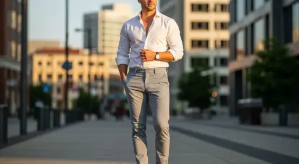 Mężczyzna w białej koszuli i szarych spodniach prezentuje styl smart casual na tle miejskiej architektury.