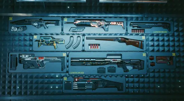 Kolekcja futurystycznych broni z Cyberpunk 2077, w tym karabiny i strzelby, gotowa do walki. To najlepsze bronie, jakie możesz zdobyć.