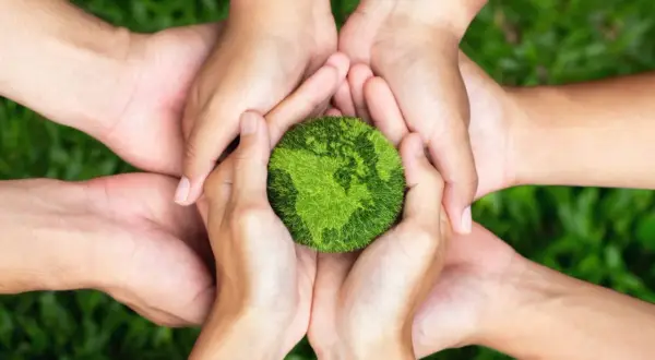 Viele Hände halten eine grüne Erde, die für Nachhaltigkeit steht. Gemeinsam können wir die Welt schützen und master sustainability.