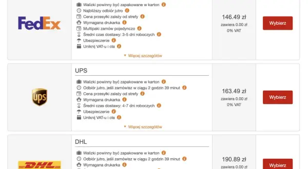 Porównanie cen przesyłek FedEx, UPS i DHL. Wybierz najlepszą opcję dla swoich potrzeb, jak w przypadku brytyjskich linii lotniczych.