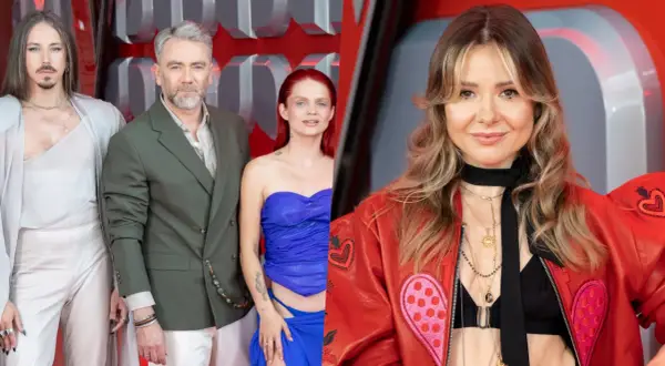 Trzech jurorów programu, w tym wokalistka z rudymi włosami, i popularna wokalistka w czerwonej kurtce. Czy to ona wie, dlaczego została odsunięta od śpiewania?