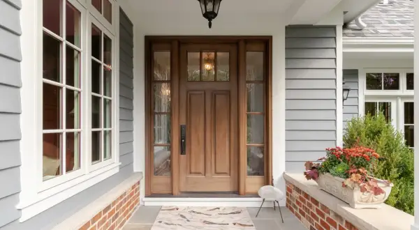 A beautiful front door makeover featuring a warm wooden door with glass panels, flanked by windows. A bird-themed doormat welcomes guests.