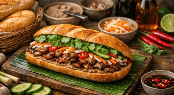 En saftig banh mi med grillat kött, färska grönsaker och koriander, serverad på en bananlöv.