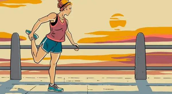 A woman stretches her leg before an epic sunset, ready for iron man races.