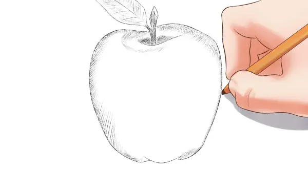Mano dibujando una manzana con lápiz. Boceto de manzana con hoja, ideal para dibujos de para dibujar.