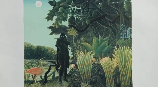 A dark figure plays a flute to a snake by a moonlit jungle river. A pink bird stands nearby. "The Snake Charmer" by Rousseau.
