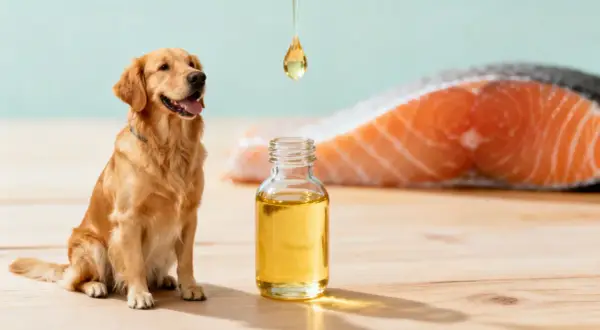 Golden retriever junto a una botella de aceite de salmón, destacando los aceite de salmon para perros beneficios.
