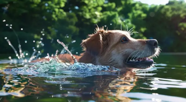 Złoty retriever radośnie pływa w jeziorze, rozpryskując wodę. Czy każdy pies umie pływać? Ten z pewnością tak!
