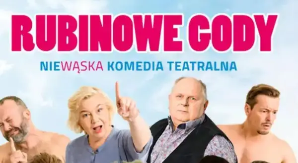 Plakat teatralny "Rubinowe Gody" z czterema aktorami i napisem "Niewąska komedia teatralna".