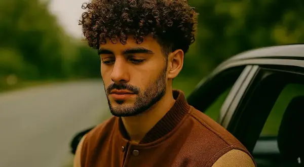 Un jeune homme aux cheveux bouclés, pensif, appuyé contre une voiture, le regard baissé.