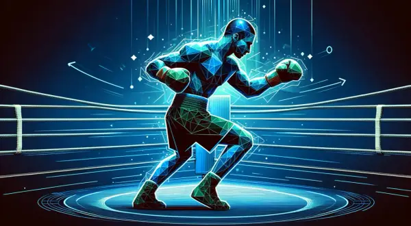 A polygonal boxer in a digital ring, demonstrating boxing footwork with glowing blue lines and arrows.