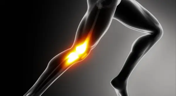 Anatomical illustration of a human leg with glowing knee joint.