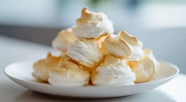 Ein Haufen luftiger Baiser-Kekse, perfekt für ein einfaches Baiser-Rezept.
