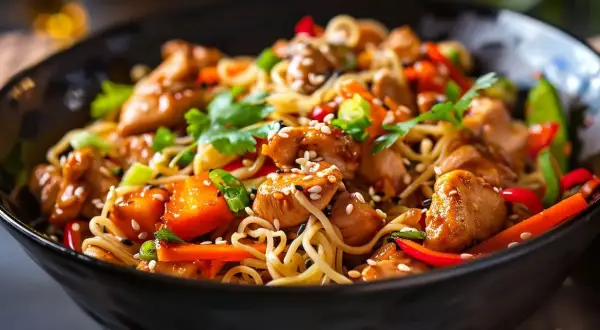En läcker kyckling wok med nudlar, grönsaker och sesamfrön i en svart skål.