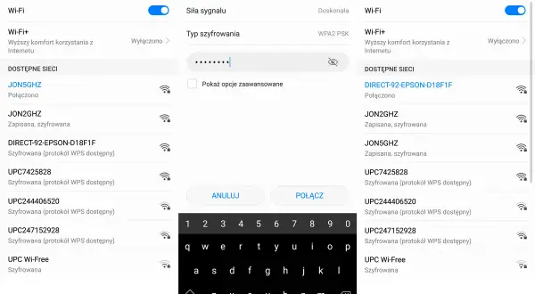 Trzy ekrany telefonu z ustawieniami Wi-Fi, listą sieci i klawiaturą.