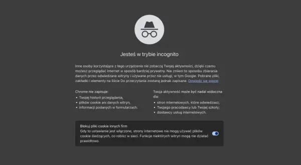 Ikona okularów i kapelusza symbolizuje tryb incognito na telefonie. Przeglądaj prywatnie, ale pamiętaj, że aktywność może być widoczna dla pracodawcy.