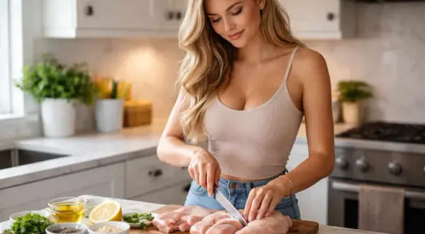 En kvinna förbereder genomstekt kyckling i ett modernt kök. Ingredienser som citron och örter ligger redo.