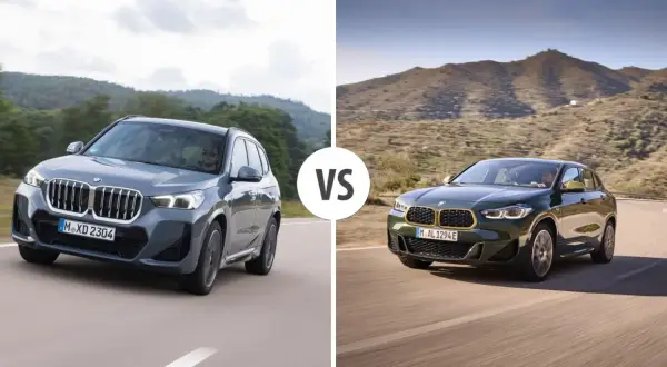 Porównanie BMW X2: szary SUV na tle gór i zielony na krętej drodze. Sprawdź BMW X2 wymiary i wybierz swój idealny model.