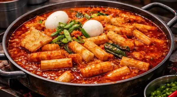 En stor panna med rykande het tteokbokki, perfekt för ett svenskt tteokbokki recept. Med riskakor, ägg och grönsaker.