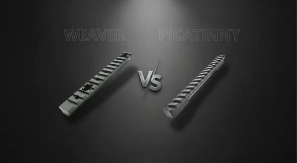 Porównanie rodzajów szyn montażowych do broni: Weaver vs. Picatinny. Dwie szyny z różnymi nacięciami, symbolizujące ich odmienność.