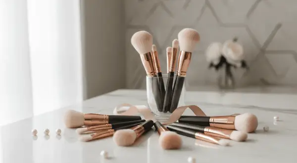 Un ensemble de pinceaux de maquillage aux manches noirs et dorés, disposés en cercle sur une table marbrée. Un ruban rose pâle les entoure, rappelant l'importance de nettoyer pinceau maquillage pour une peau saine.