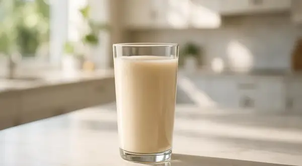 Un bicchiere di bevanda cremosa, forse uno shake proteico, sul bancone della cucina. Il siero di latte contiene lattosio, un ingrediente comune.