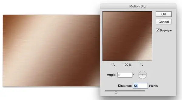 Finestra di dialogo "Motion Blur" in Photoshop, applica un effetto metallo con sfumature di bronzo e un leggero movimento.